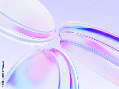 Holographic glass circle 3d shapes on pastel light background. Abstract bg with rainbow crystal plates, transparent circular discs with pink blue purple gradient and motion effect. 3D illustration