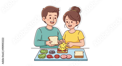 Couple happily making a sandwich together on a kitchen counter with ingredients