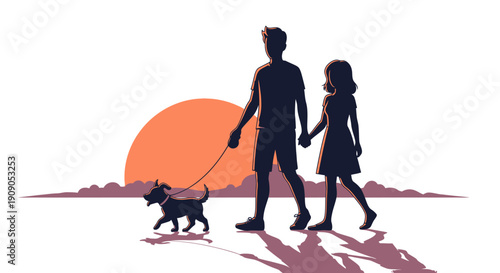 Couple walking their dog on a leash during sunset with shadows cast on the ground