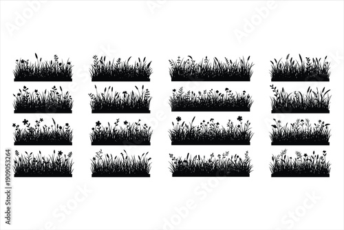set of grass silhouettes, frame, border, vector, grass, design, black, brush, dirty, banner, texture, set, art, silhouette, vintage, tree, paint, ink, decoration, line, element