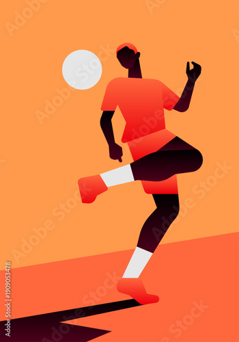 Vibrant flat illustration of a soccer player jumping to kick a ball against a warm orange background.
