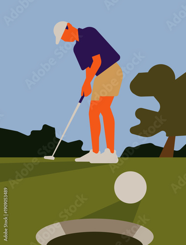 Minimalist flat illustration of a golfer putting a ball into the hole on a green field.