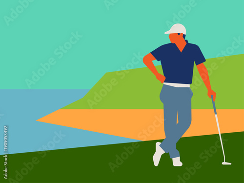 Modern flat illustration of a stylish golfer leaning on a club against a scenic coastal background.