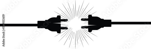 Electric plug connection with energy spark silhouette isolated on white background representing power supply, electricity flow and charging concept