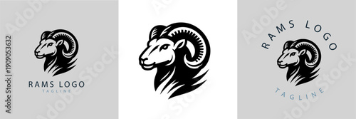 Bold minimalist ram head logo set in black, modern line-art emblem, circular badge version, professional branding and vector identity templates