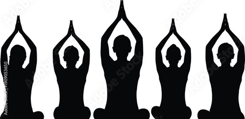 Group of five people practicing yoga meditation in lotus pose with raised hands silhouette isolated on white background for mindfulness wellness concept