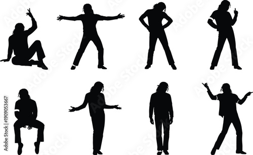 Man dancing silhouette collection with expressive poses, energetic male performer in different movement styles, isolated black figure illustration set