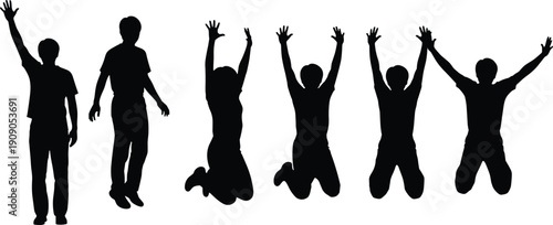 People jumping silhouette collection with raised hands, happy celebration and success concept illustration, energetic crowd pose set isolated
