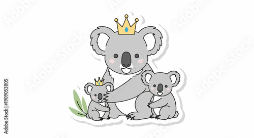 Cute Koala Family with Crown Illustration, Mother and Babies Adorable Cartoon Characters