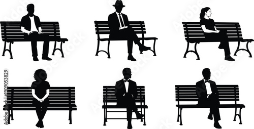 People sitting on park bench silhouette collection, men and women in waiting poses, outdoor urban lifestyle illustration set isolated