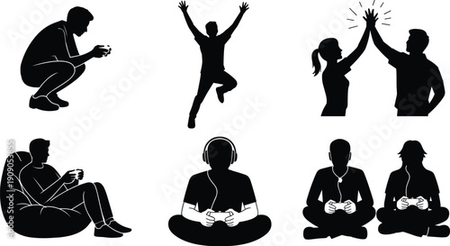 Silhouette people, gaming activities, social interaction, leisure, excitement, beanbag chair, headphones, controller, teamwork, fun, entertainment, lifestyle, posture, technology, modern,