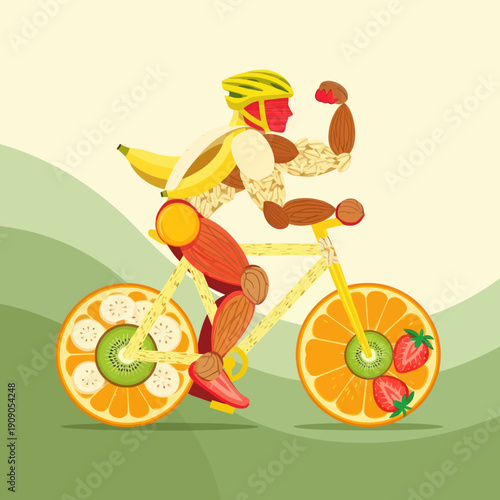 Cyclist Riding Bike with Fruit Wheels.