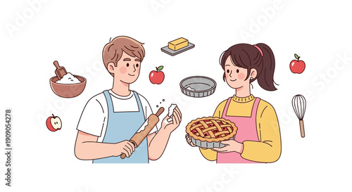 Couple Baking Together a Delicious Homemade Apple Pie in a Cozy Kitchen