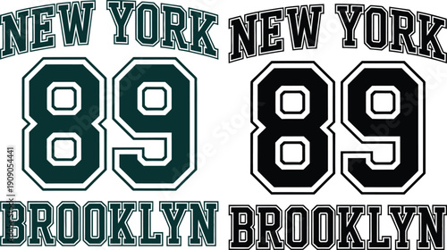 Arched New York Brooklyn 89 Varsity Typography Set Featuring Collegiate Block Lettering and Athletic Style Numbers for Sportswear and Apparel Design