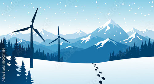 Winter landscape with wind turbines illustration vector art, showing a snowy mountain range and footprints in the snow