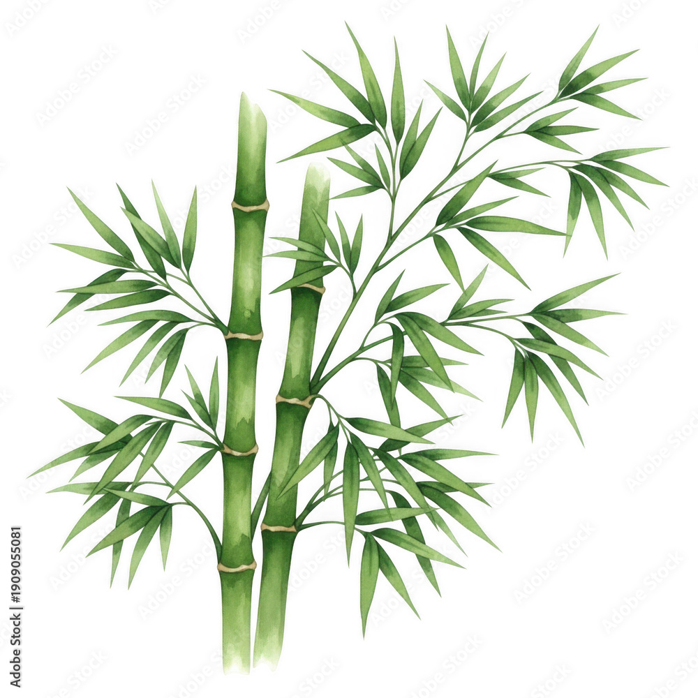 Naklejka premium A simple digital illustration of a bamboo plant with green stalks and leaves on a white background.