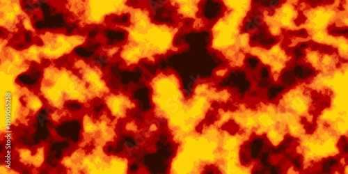 Fiery solar photosphere, seamless background. Abstract yellow, red, and black top view of lava. Extremely hot spots on the magma surface. Liquid fire pattern. Vector illustration.