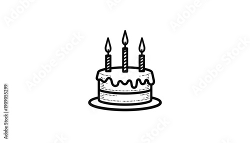 Birthday cake with three candles on a plate in line art style  