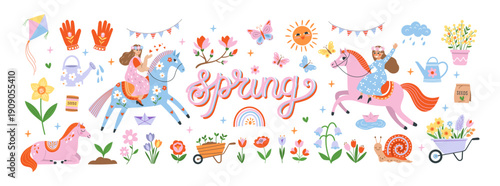 Spring illustration with girls riding horses, flowers, gardening elements and cute seasonal icons. Colorful hand drawn vector set for spring celebration, nature, gardening and children design.