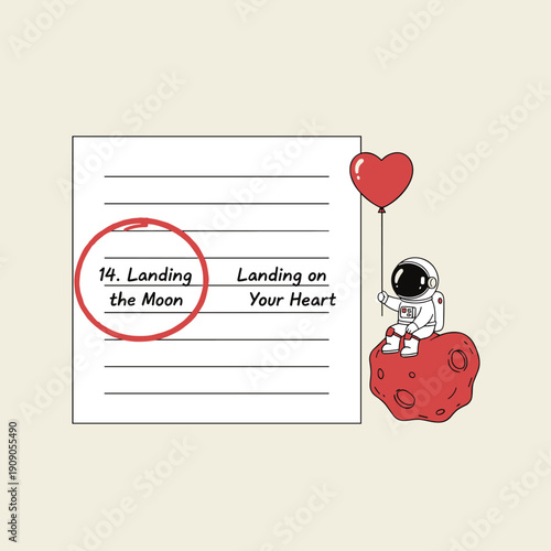 Astronaut sitting on red moon holding heart balloon beside landing the moon note, romantic space exploration concept for valentine day design