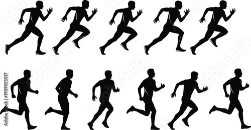 Running man silhouette sequence in different motion poses isolated on white background, male athlete vector illustration set for animation and sports design