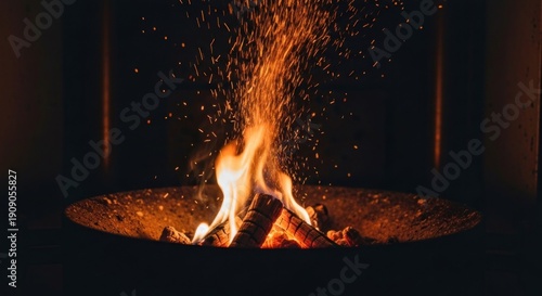 Close-up of flames and sparks rising from burning wood in a metal fire pit, dark setting