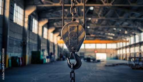 An industrial crane hook hanging inside a spacious warehouse.