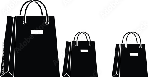 Shopping bag silhouette collection with different sizes, retail packaging icon set, black paper bag design for ecommerce and store branding