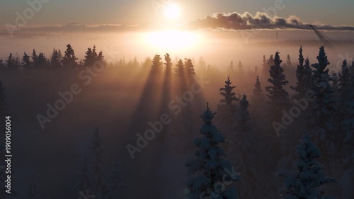 Aerial shot of cinematic winter scenery in Fairbanks, Alaska