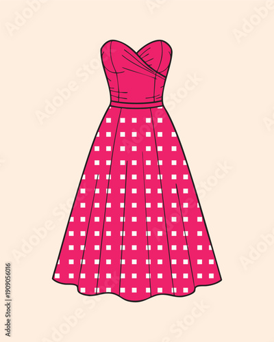 Vintage Inspired Hot Pink Strapless Midi Dress with White Geometric Square Pattern and Ruched Sweetheart Bodice