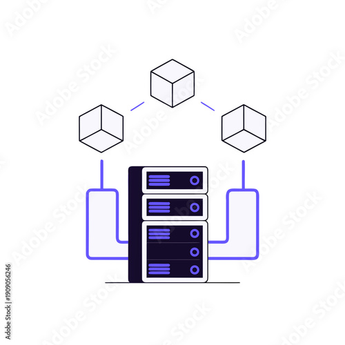 Server with cubes connected via network on transparent background