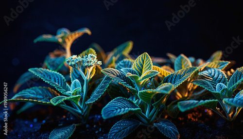 Close-up of green leafy plants with textured leaves and small flowers.