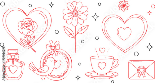 Romantic Outline Icons Set with Heart, Rose, Flower, Bird, Perfume, Coffee Cup and Love Letter

