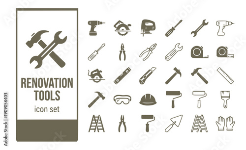 Renovation Tools Power-Tools Hand-Tools Measuring-Instruments Drill Saw Level Tape-Measure Home-Improvement Vector Icon Set - Remodel Tools
