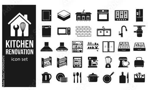 Kitchen Renovation Cabinets Countertops Island Appliances Backsplash Sink Faucet Range-Hood Pantry Vector Icon Set - Kitchen Remodel