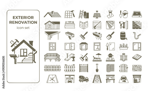 Exterior Renovation Roofing Siding Gutters Deck Fence Driveway Garage Windows Home-Improvement Vector Icon Set - Exterior Remodel