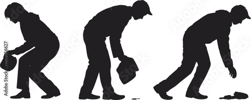 Construction worker silhouettes bending and carrying equipment isolated on white background, industrial manual labor concept