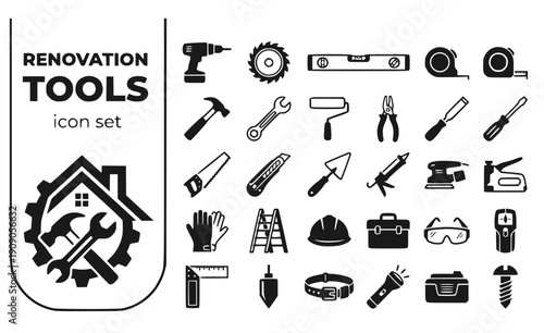 Renovation Tools Power-Tools Hand-Tools Measuring-Instruments Drill Saw Level Tape-Measure Home-Improvement Vector Icon Set - Remodel Tools