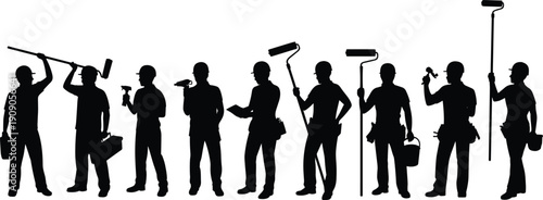 Construction and painter worker silhouettes with tools isolated on white background, industrial labor workforce concept