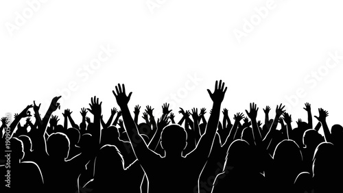 People raising hands in celebration crowd.