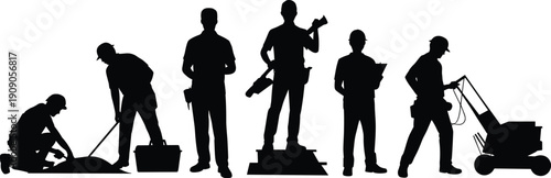 Construction worker silhouettes performing various tasks isolated on white background, industrial labor workforce team concept