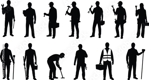 Construction worker silhouettes set with tools and equipment isolated on white background, industrial labor workforce concept