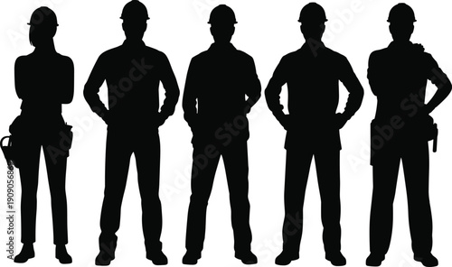 Construction worker silhouettes standing confidently isolated on white background, industrial labor workforce safety team concept