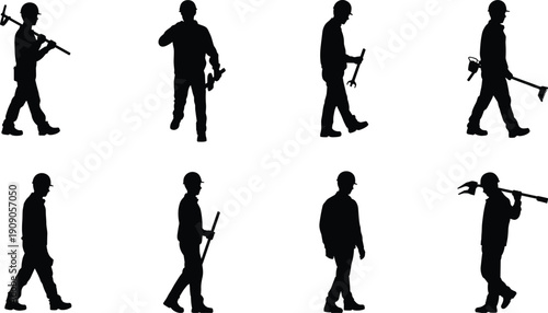 Construction worker silhouettes walking with tools isolated on white background, industrial labor workforce concept