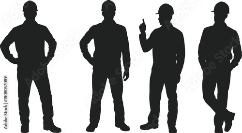 Construction worker silhouettes with different standing gestures isolated on white background, industrial labor workforce concept