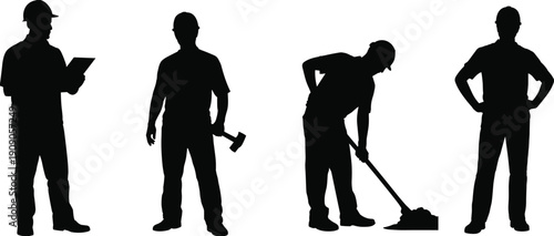 Construction worker silhouettes with tools performing tasks isolated on white background, industrial labor workforce concept
