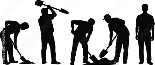 Construction workers digging with shovel silhouettes isolated on white background, manual labor industrial workforce concept