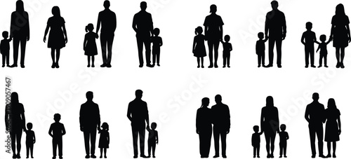 Family silhouettes collection with parents and children isolated on white background, parenting and togetherness concept