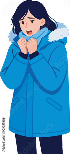 Illustration of a woman feeling cold and shivering while wearing a fur-lined winter coat, conveying a sense of chill and frosty weather. Perfect for designs related to winter, weather, fashion, and em