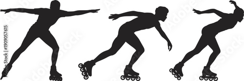 Inline skater silhouettes in dynamic skating poses isolated on white background, sport fitness action concept